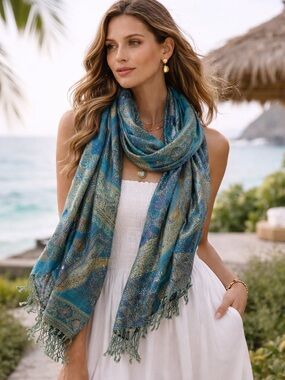 Shimmering Teal and Aqua Paisley Scarf 22” x 76” NEW